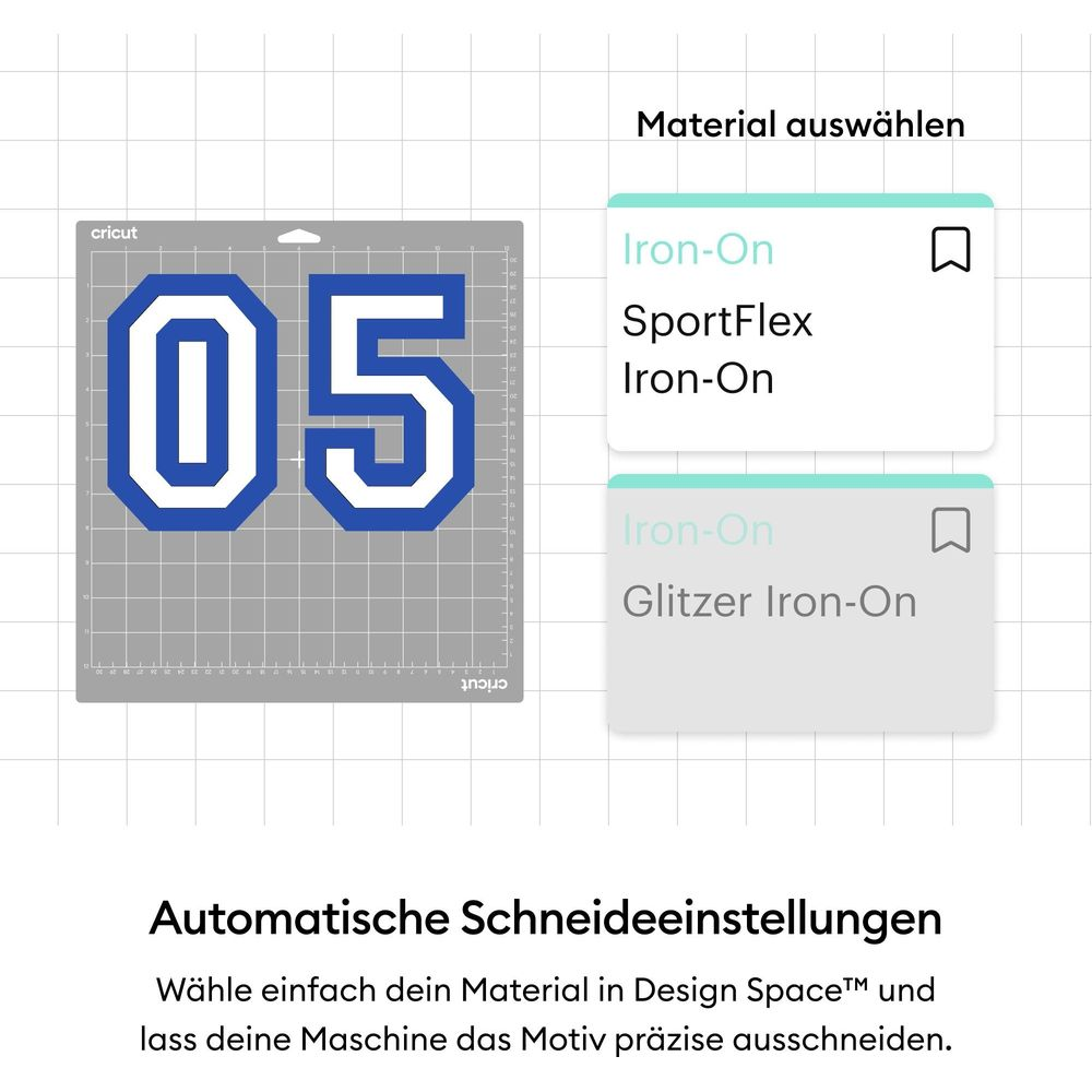 Gestanzte Nummer 05 auf einer Cricut-Matte mit Materialauswahl.