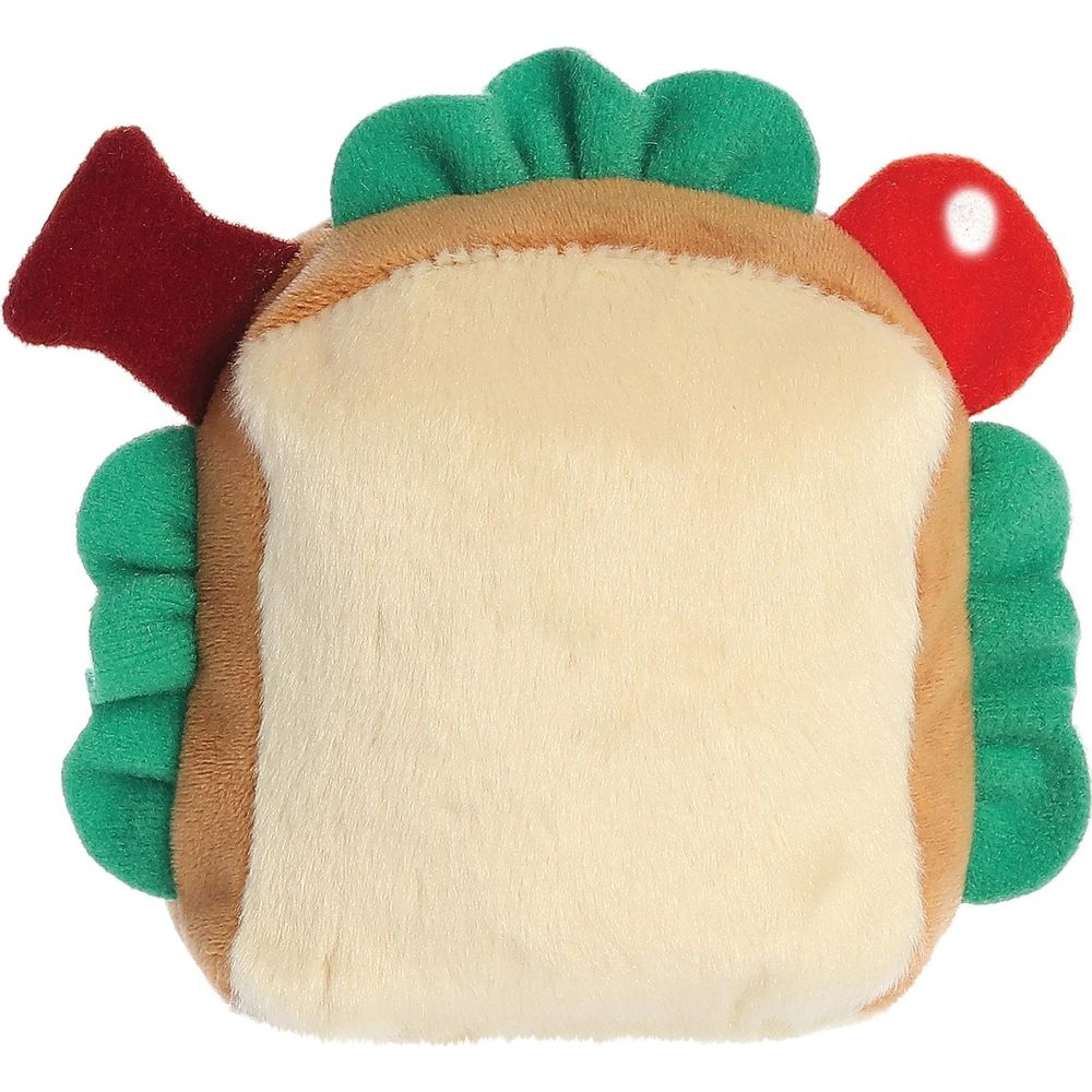 Peluche a forma di panino con lattuga, pomodoro e pancetta.