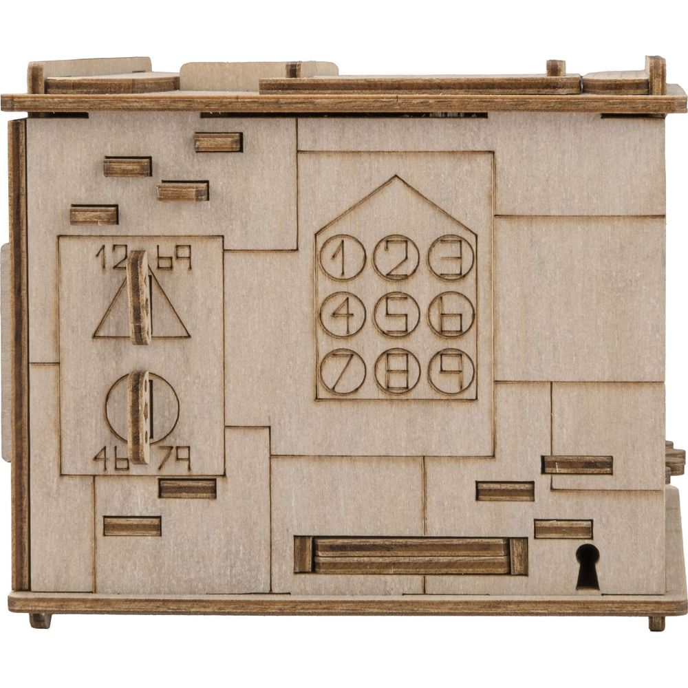 Holz-Rätselbox mit Ziffernblock, Zifferblatt und Schlüsselloch. Detaillierte Holzschnitzerei.