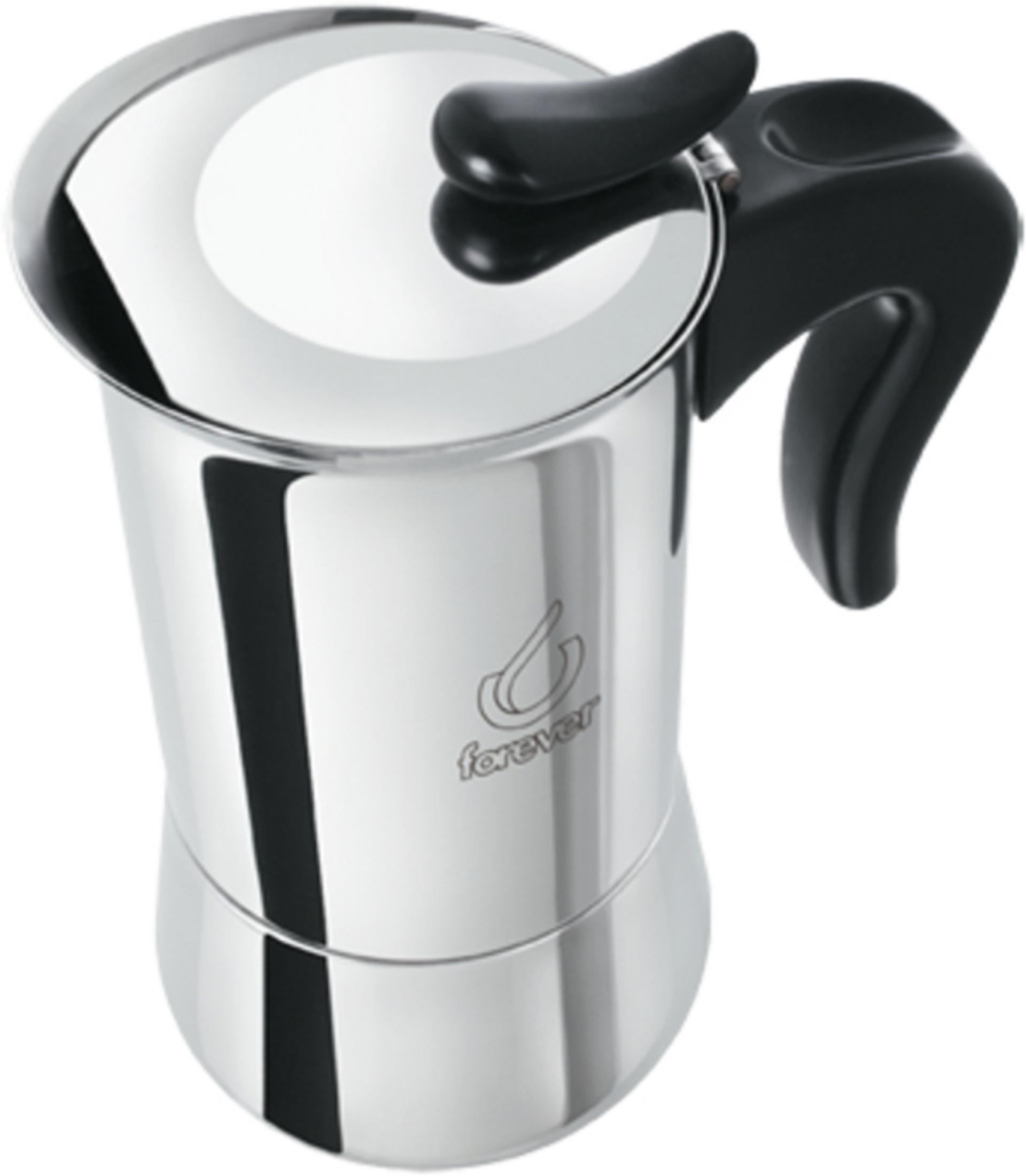 Moka in acciaio inox con manico e coperchio neri, con logo.
