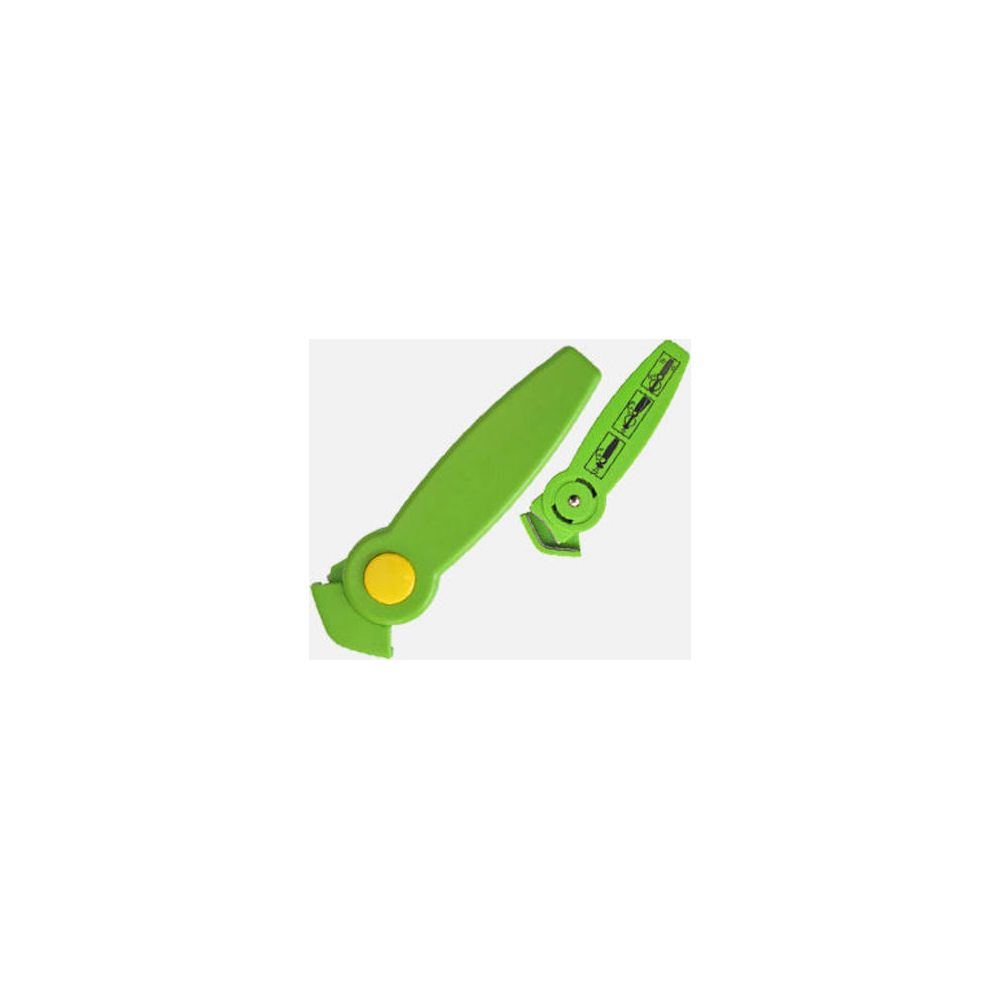 Zwei grüne Schneidewerkzeuge, eines mit gelbem Knopf.