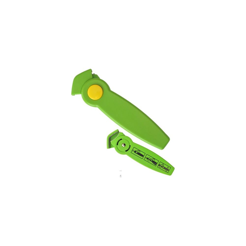 Zwei grüne Werkzeuge mit gelbem Knopf und Symbolen.