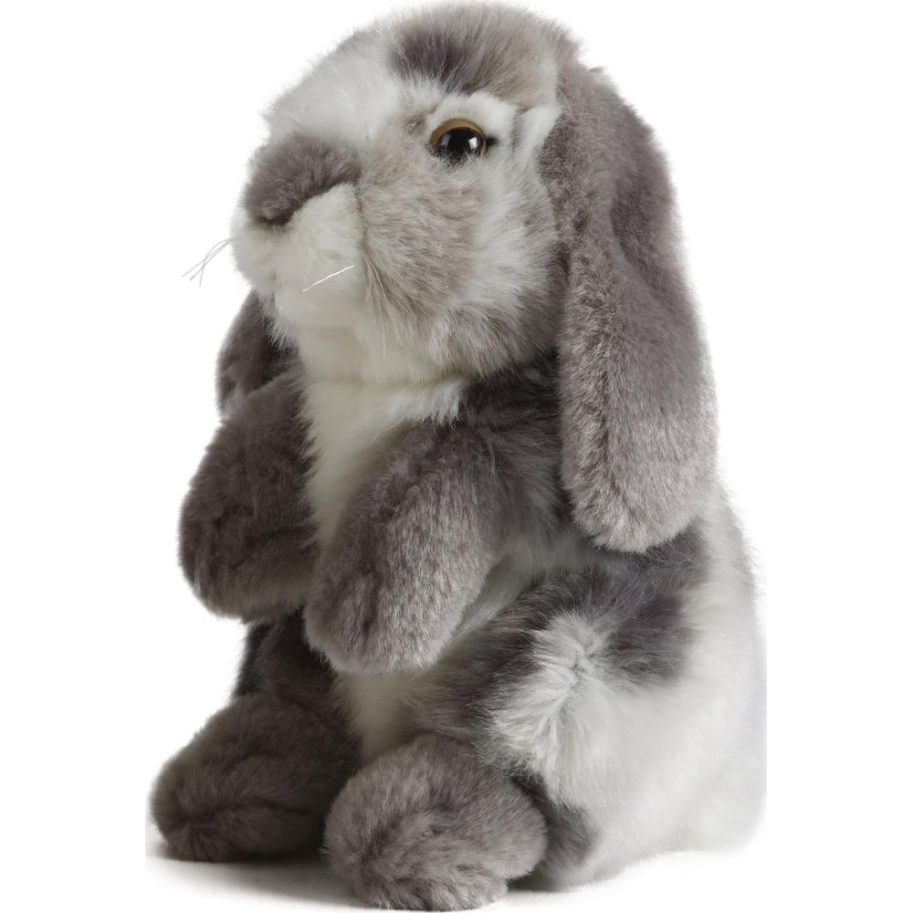 Un coniglietto di peluche grigio e bianco con lunghe orecchie flosce.