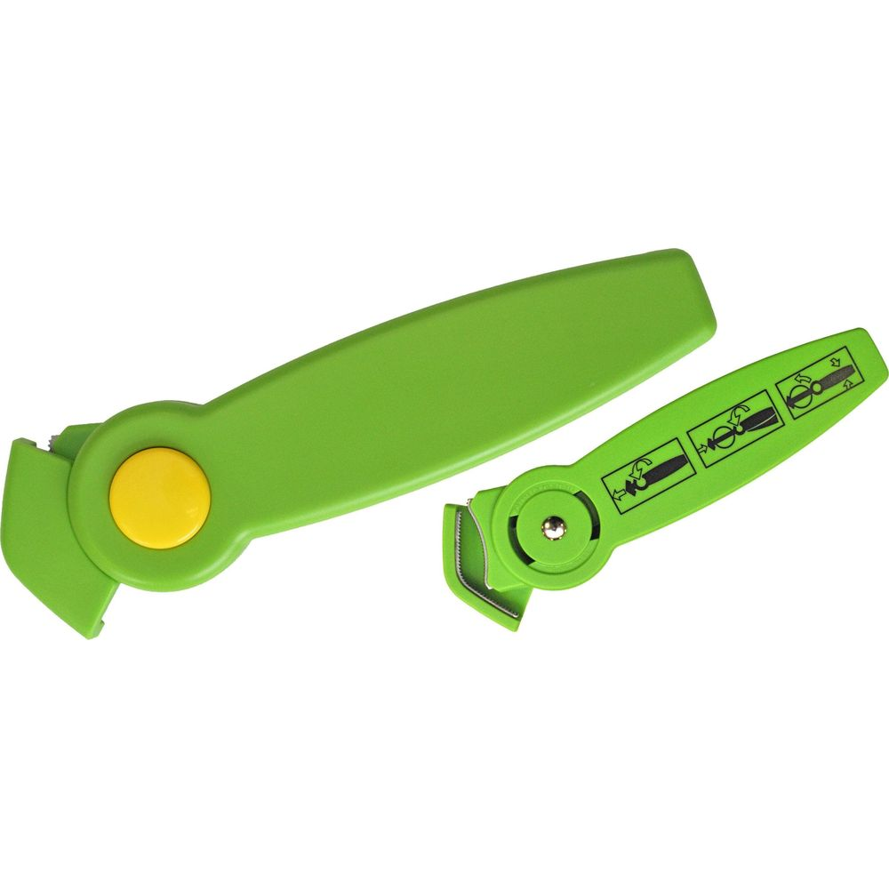 Zwei grüne Werkzeuge, eines mit gelbem Knopf, auf weißem Grund.