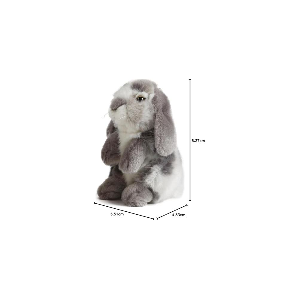 Un coniglio di peluche grigio e bianco seduto. Vengono indicate le misure.