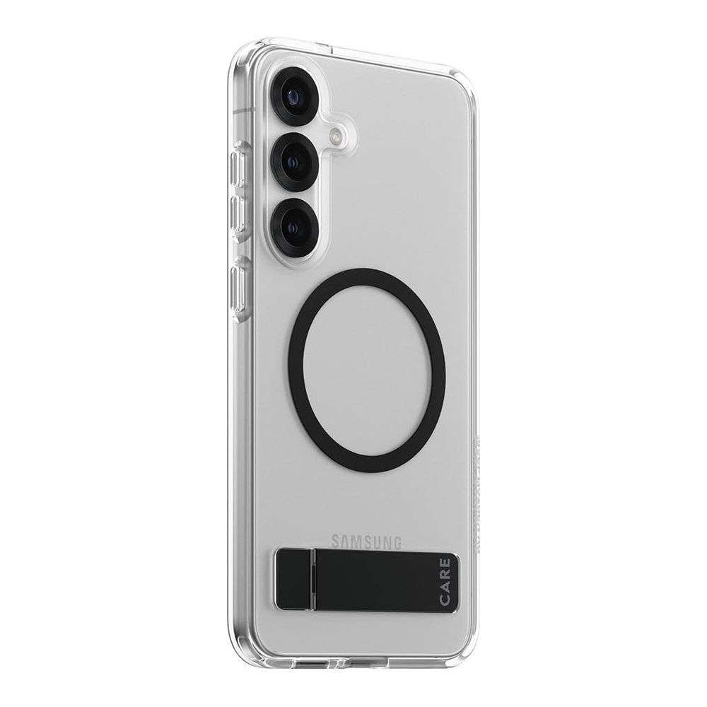 Ein transparenter Handyhülle mit schwarzem Kreis und Ständer auf Samsung Care.