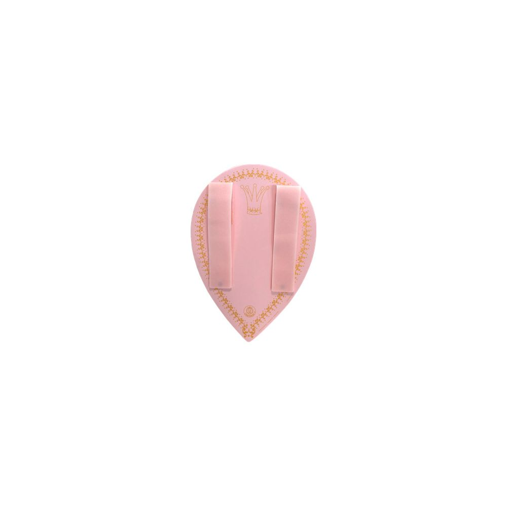 Un support rose pour accessoires pour cheveux avec motif couronne or.