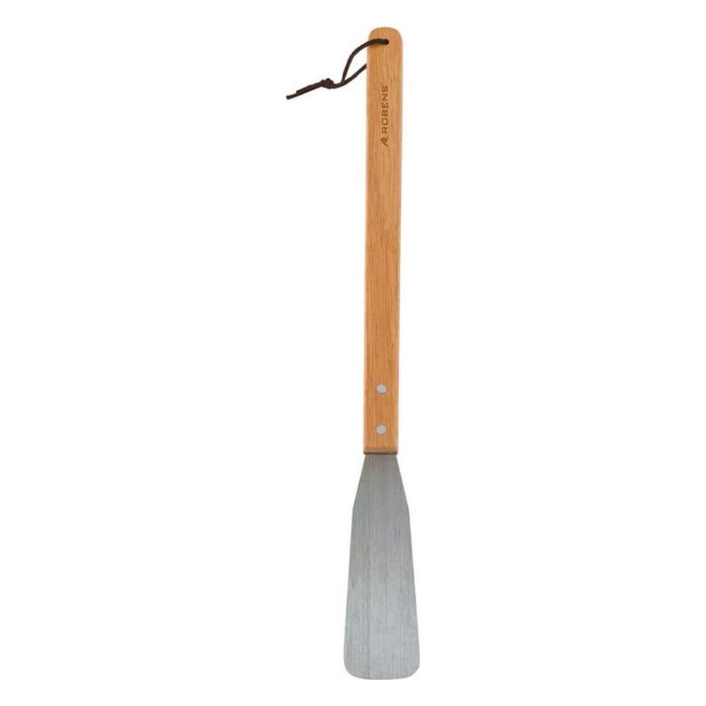 Una spatola da griglia con manico in legno e lama in metallo, con cinturino in pelle.
