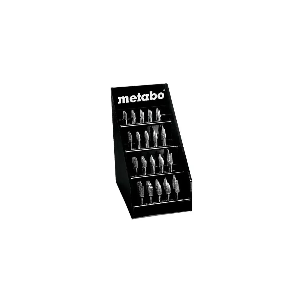 Un présentoir noir présentant divers embouts de meulage en métal, avec le logo Metabo.