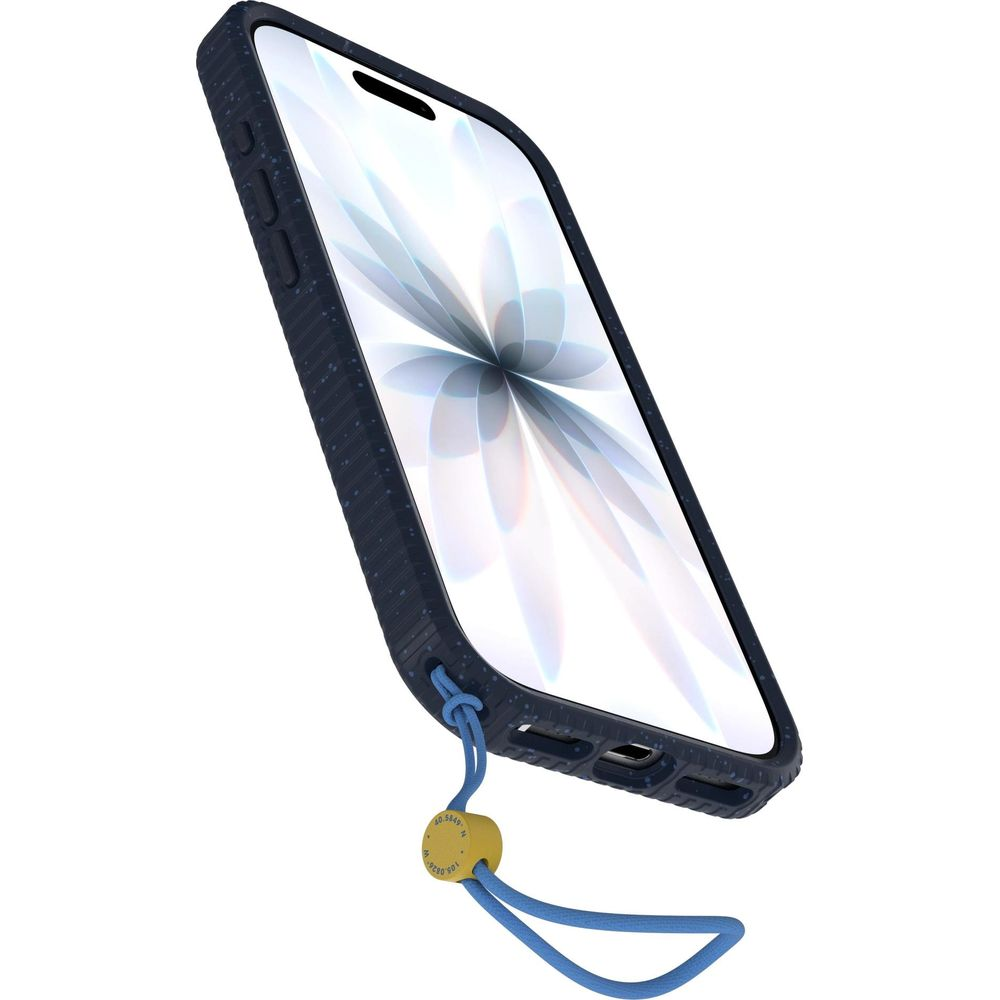 Dunkelblaues Handy mit Lanyard und floralem Hintergrund auf dem Bildschirm.