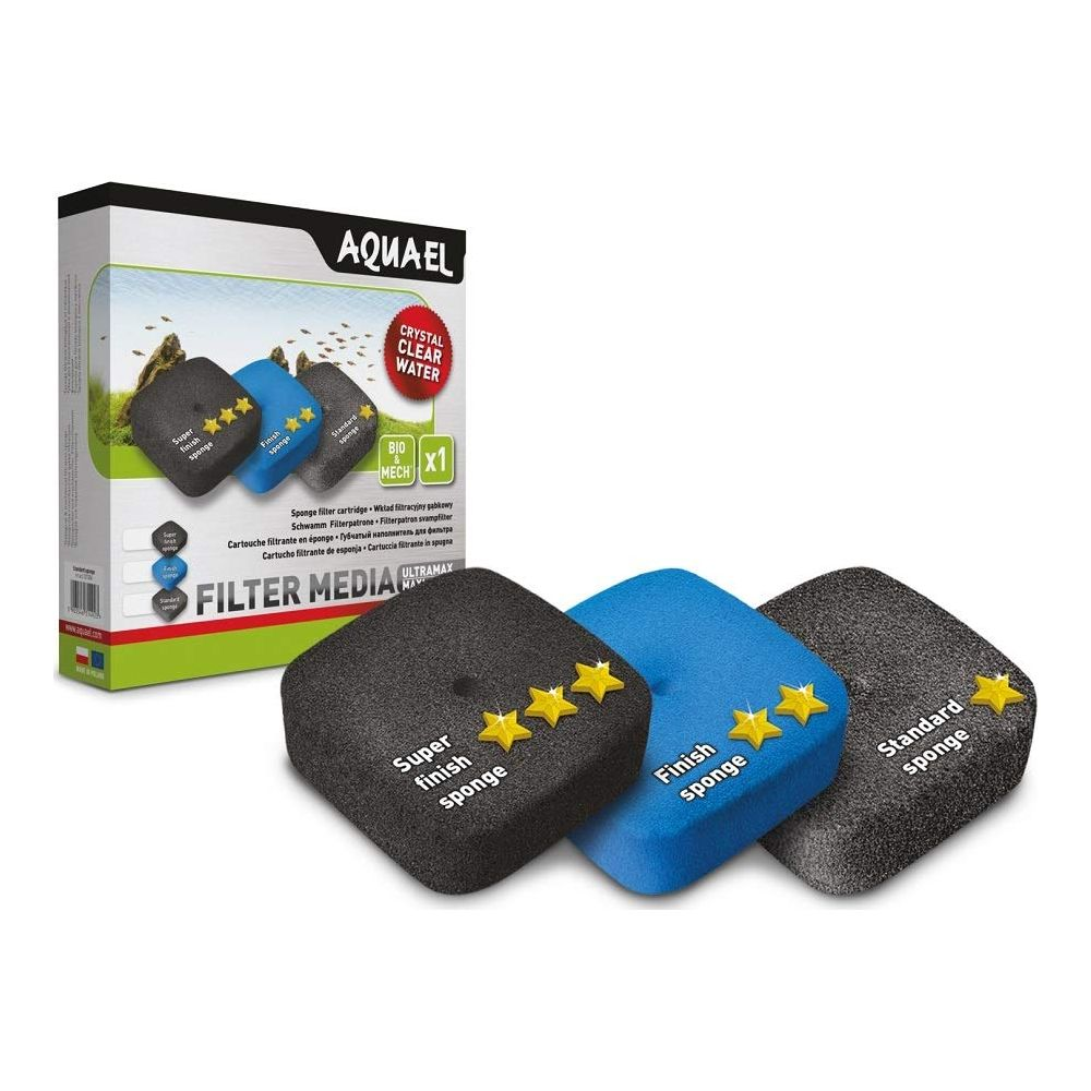 Drei AquaEl Filtermedien-Schwämme: Super Finish, Finish und Standard.