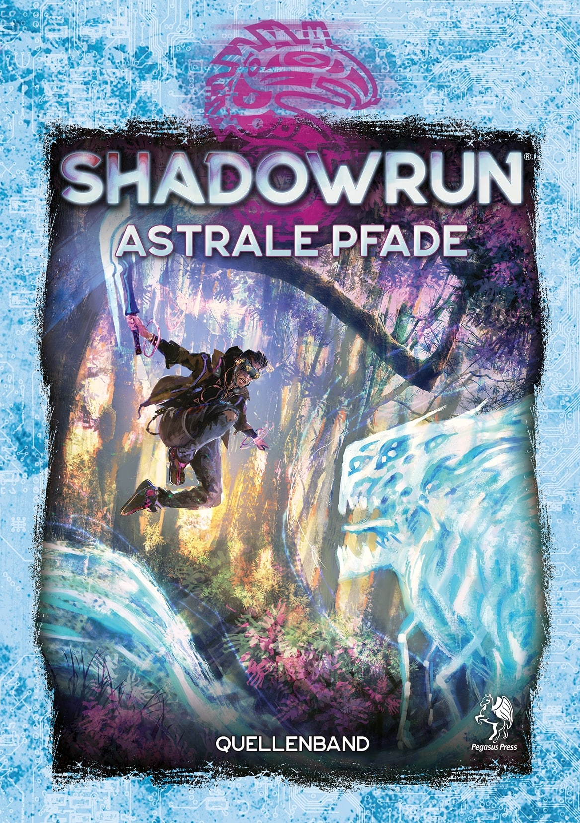 Mann springt, hält Schwert, Geisterkreatur in Wald. Titel: Shadowrun Astral Pfade.
