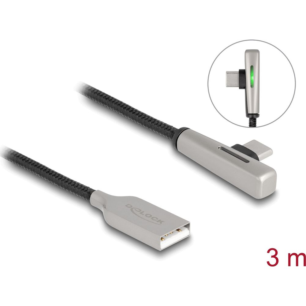 Ein drei Meter langes USB-C-Kabel mit einem abgewinkelten Stecker und einer USB-A-Buchse.