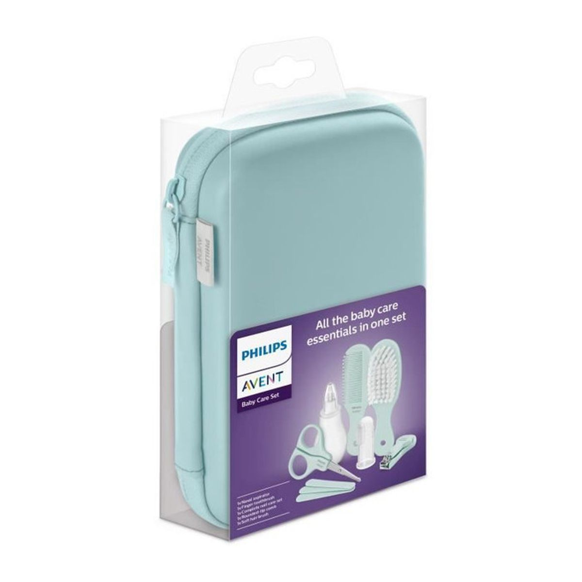 Ein hellblaues Set mit Baby-Pflegeartikeln wie Schere, Kamm und Bürste.