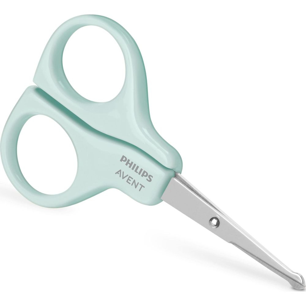Eine hellgrüne Babyschere mit silbernen Klingen und dem Philips Avent Logo.