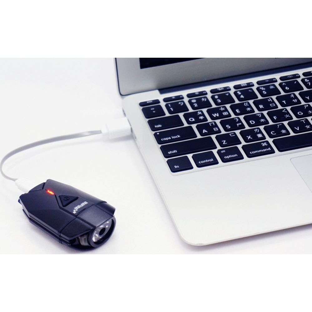 Ein schwarzes Gerät ist über ein Kabel mit einem Laptop verbunden.