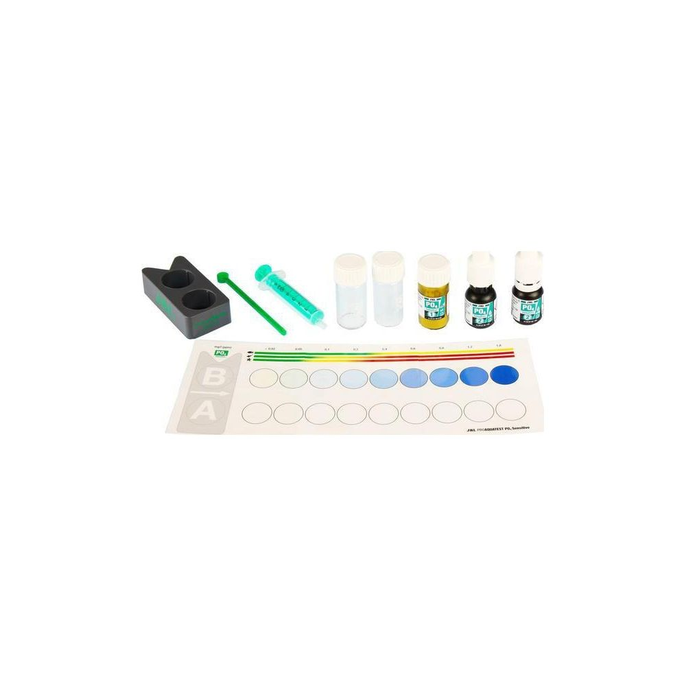 Un kit di test con fiale, siringa, pipetta e grafico a colori su sfondo bianco.