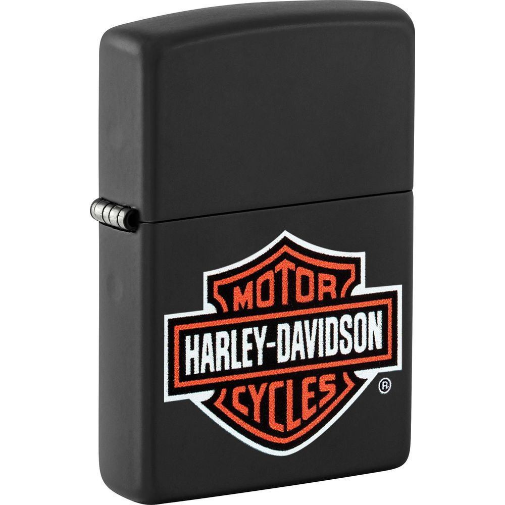 Accendino Zippo nero con logo Harley-Davidson.