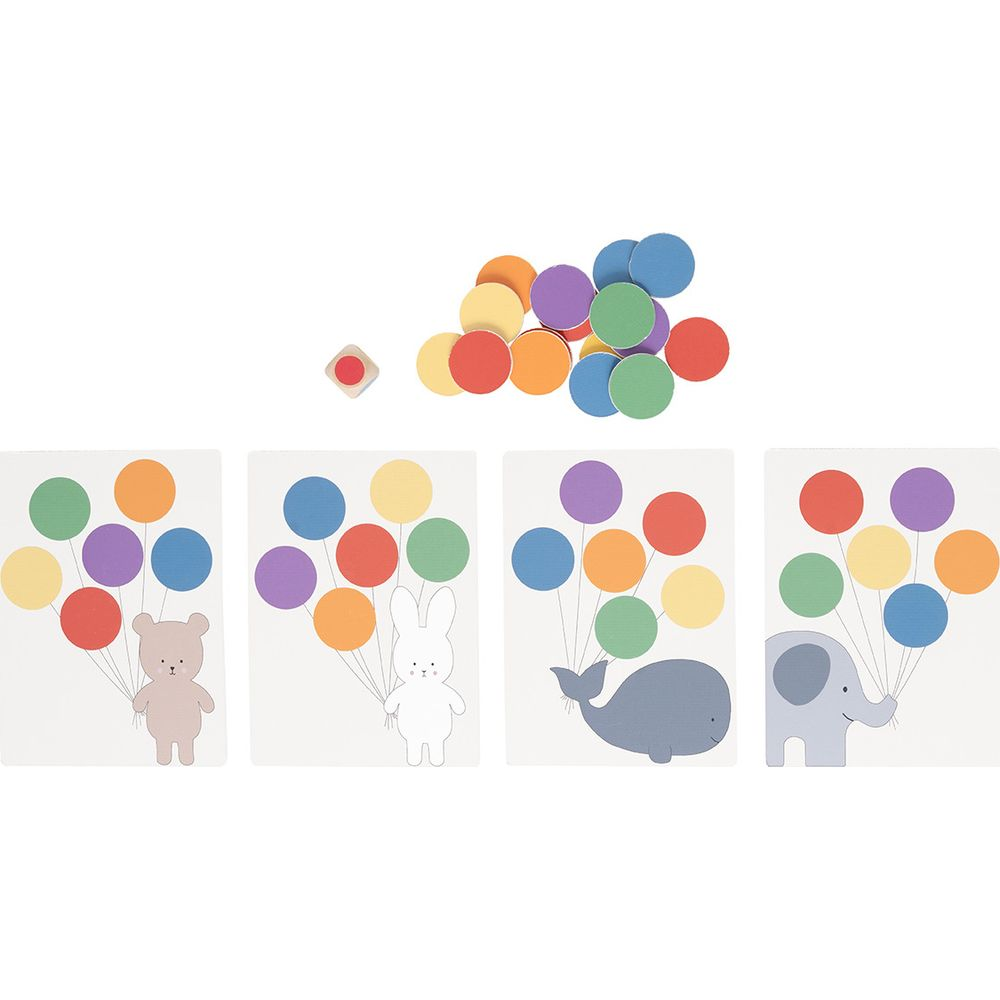 Palloncini colorati con animali: orso, coniglio, balena, elefante e un cubo.