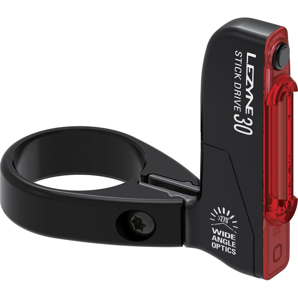 Eine schwarze Fahrradrücklicht-Halterung mit einem roten Lezyne Stick Drive 30 Licht.