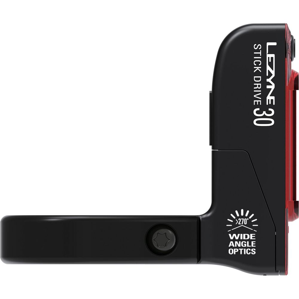 Ein schwarzer Lezyne Stick Drive 30 Fahrradrücklicht mit roter Kante.