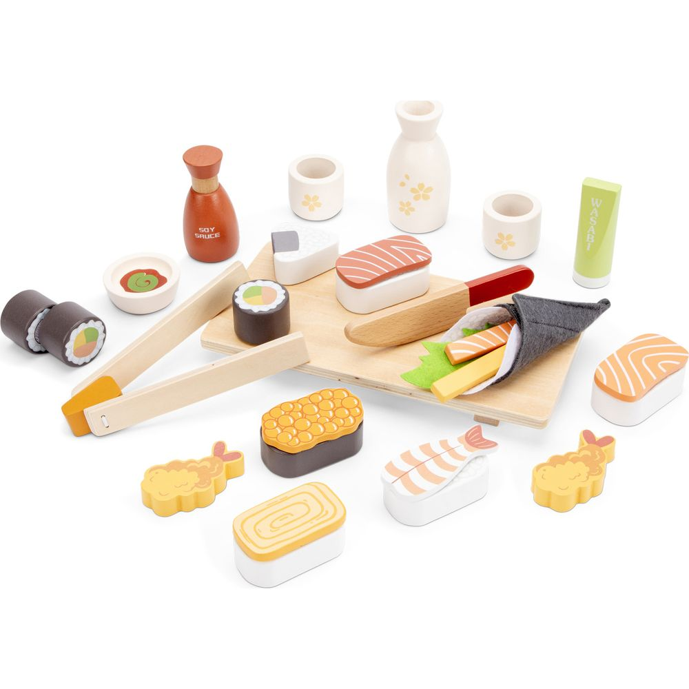 Holzspielzeug Sushi-Set mit Sojasaucenflasche, Stäbchen, Nigiri, Maki und mehr.