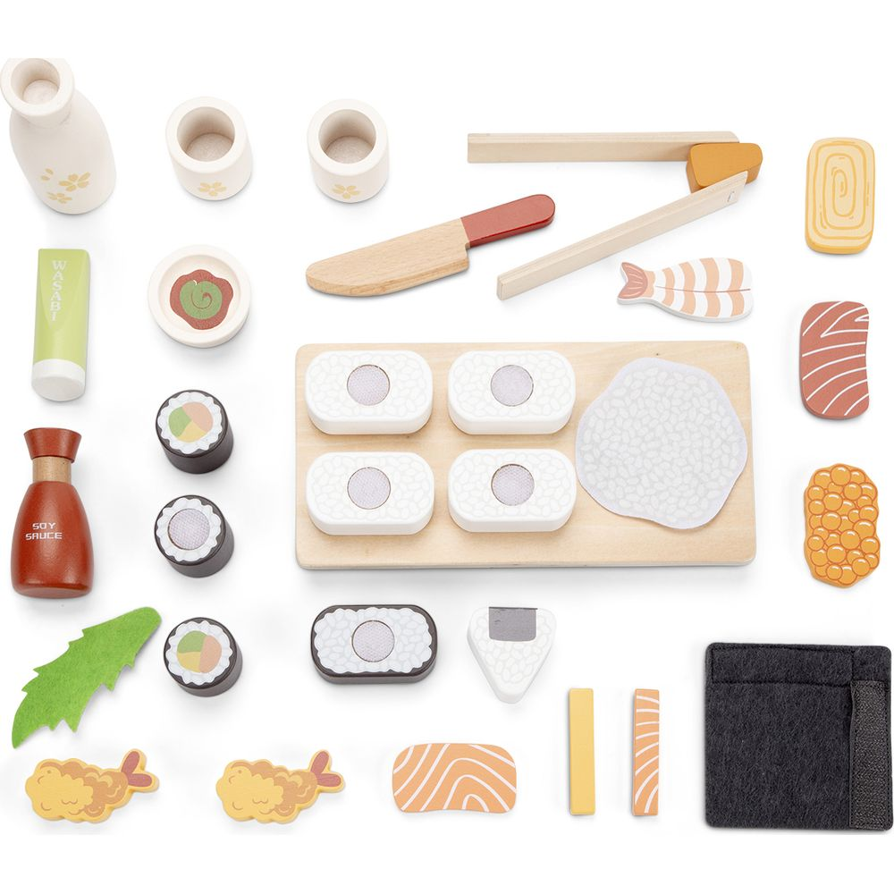 Spielzeug-Sushi-Set mit vielen Teilen: Sushi-Rollen, Fisch, Reis, Sojasauce, Wasabi und mehr.
