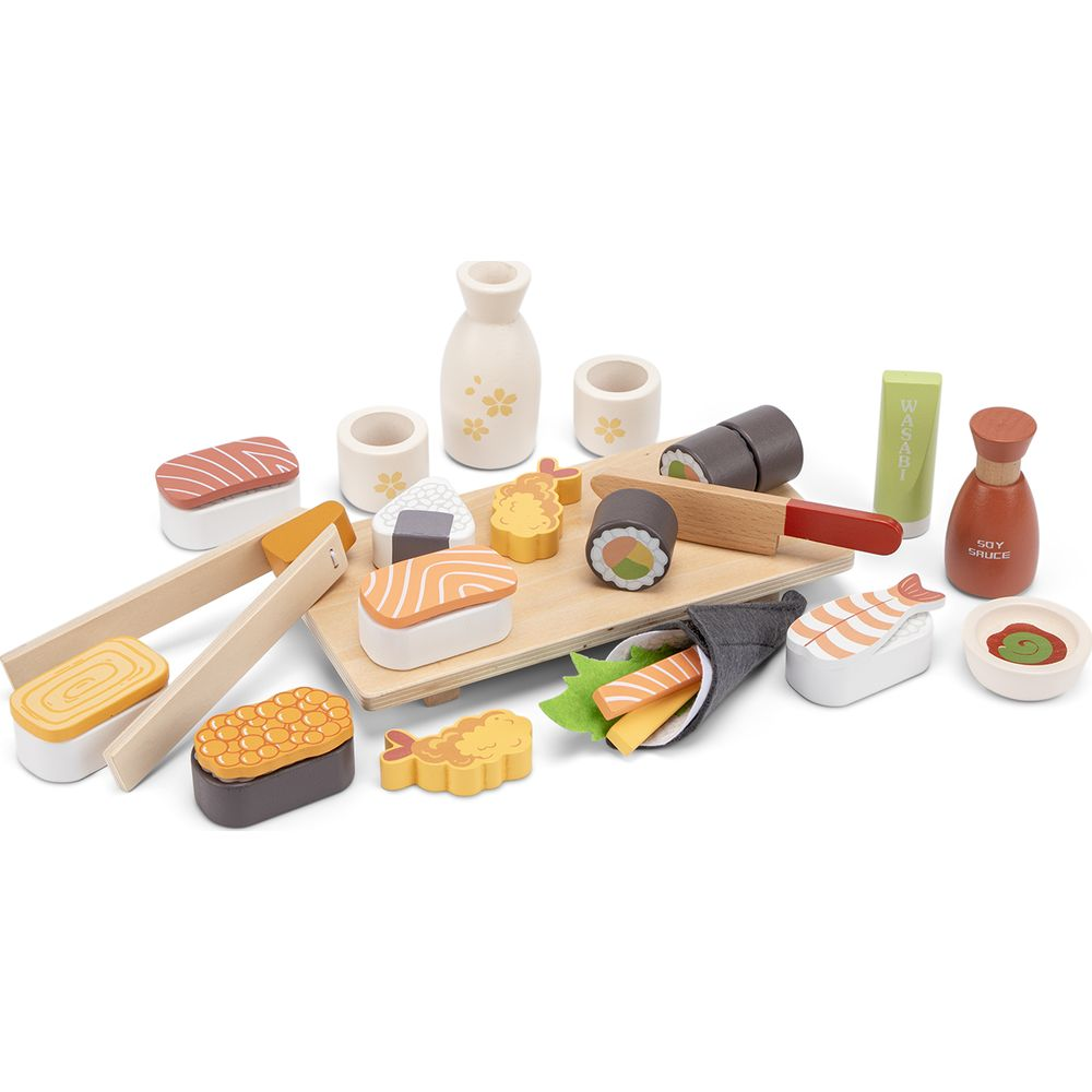 Holz-Sushi-Spielset mit Sojasauce, Wasabi und verschiedenen Sushi-Stücken.