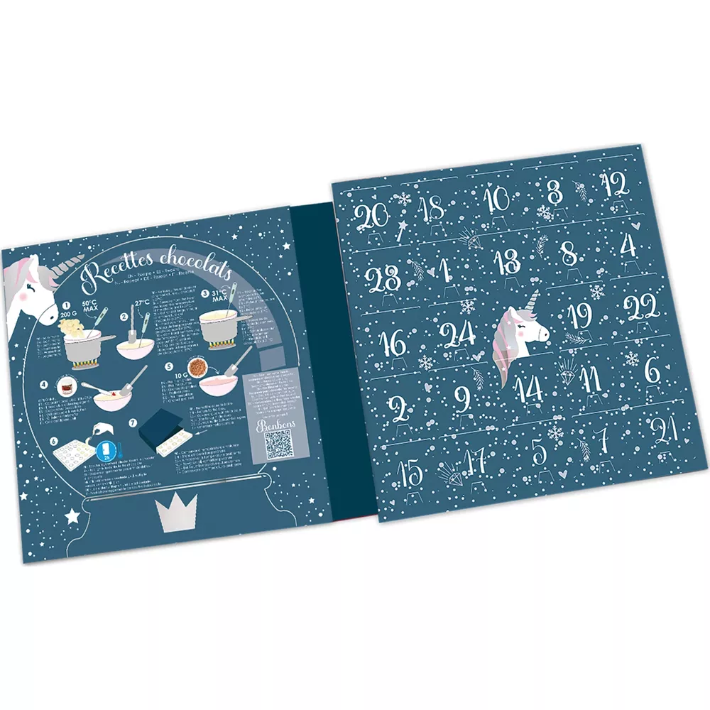 Un calendario di ricette al cioccolato a tema unicorno con numeri da 1 a 24.