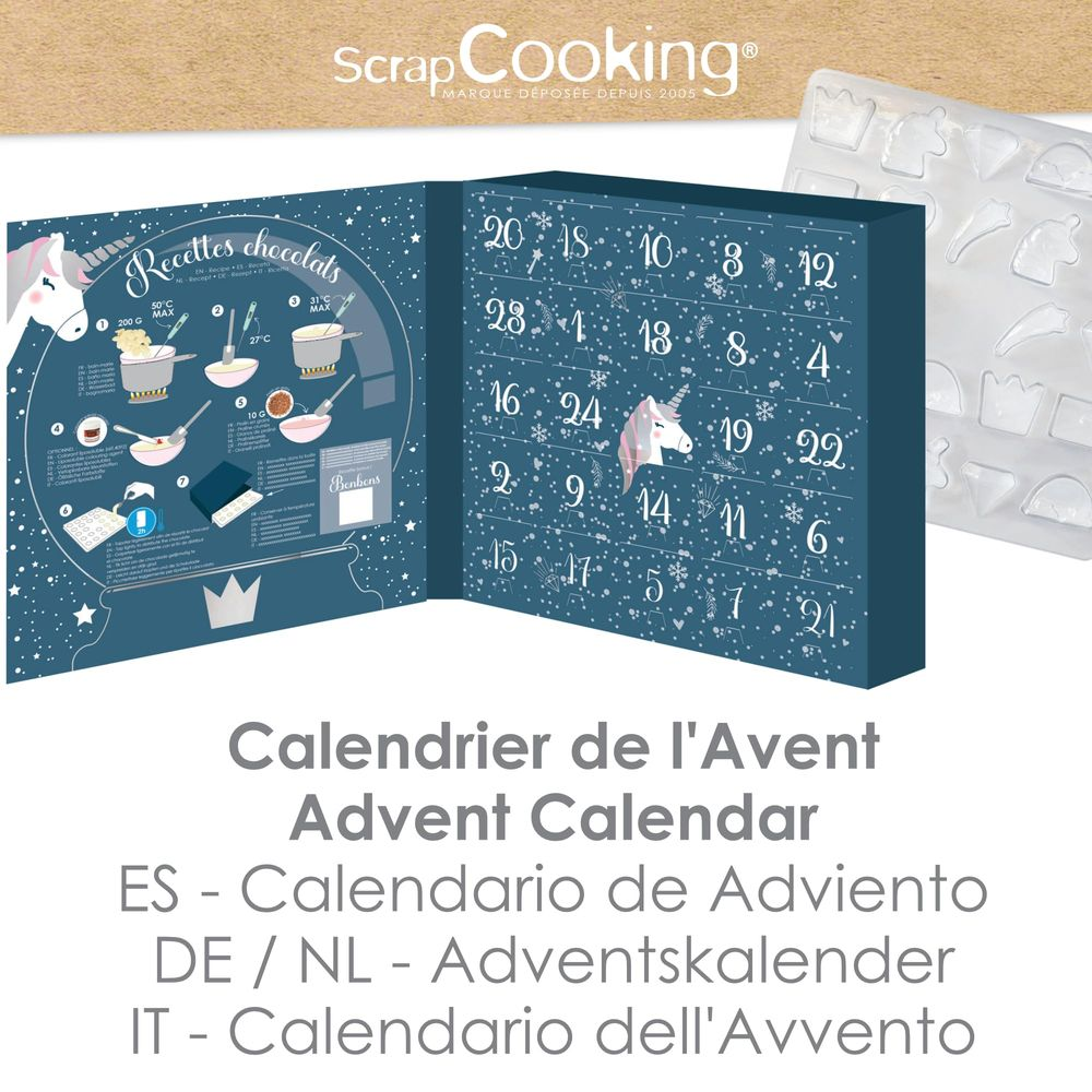 Un calendario dell'avvento con ricette di cioccolato, che si apre per mostrare istruzioni.