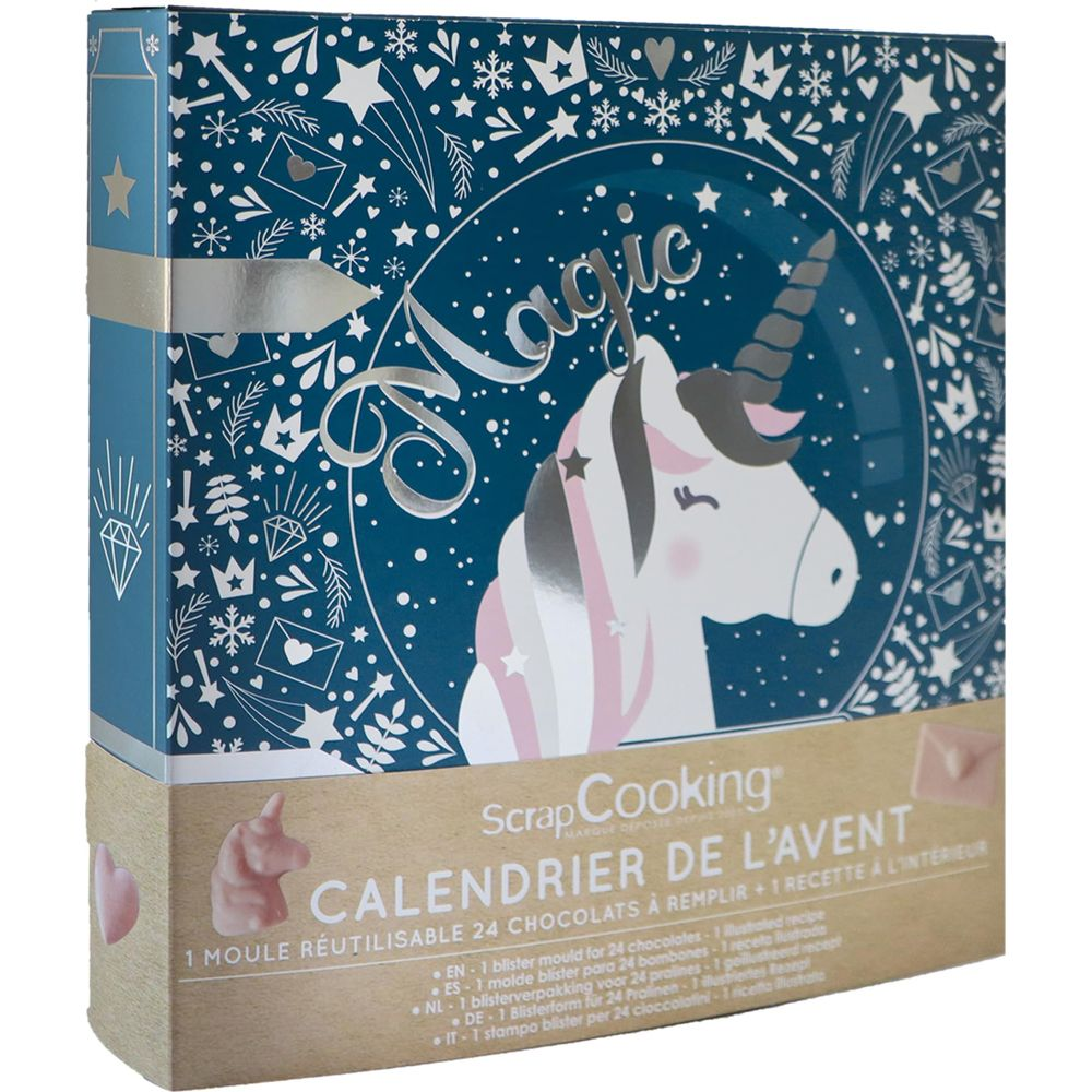 Calendario dell'Avvento a tema unicorno, contiene 24 stampi per cioccolatini.