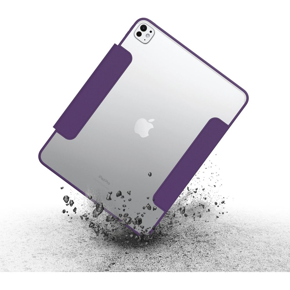 Ein lila iPad-Case mit einem Apple-Logo auf silbernem Hintergrund.