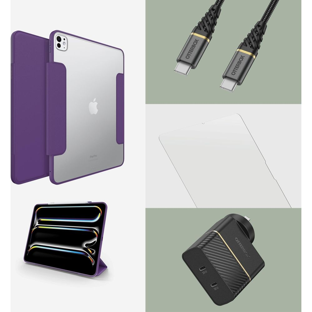 Lila iPad Pro mit Hülle, Displayschutzfolie, Ladegerät und Kabeln.