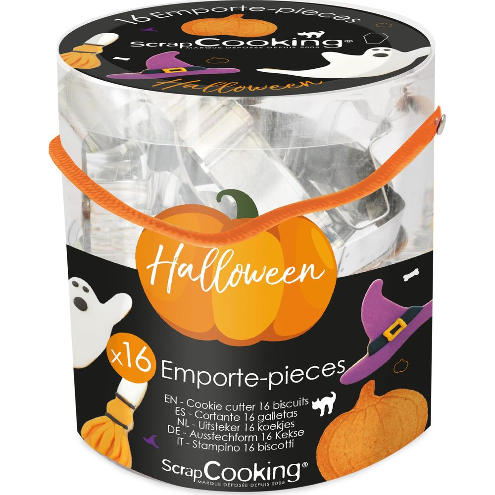Halloween-Keksausstecher-Set mit 16 Teilen, verpackt in einer transparenten Dose mit Halloween-Motiven.