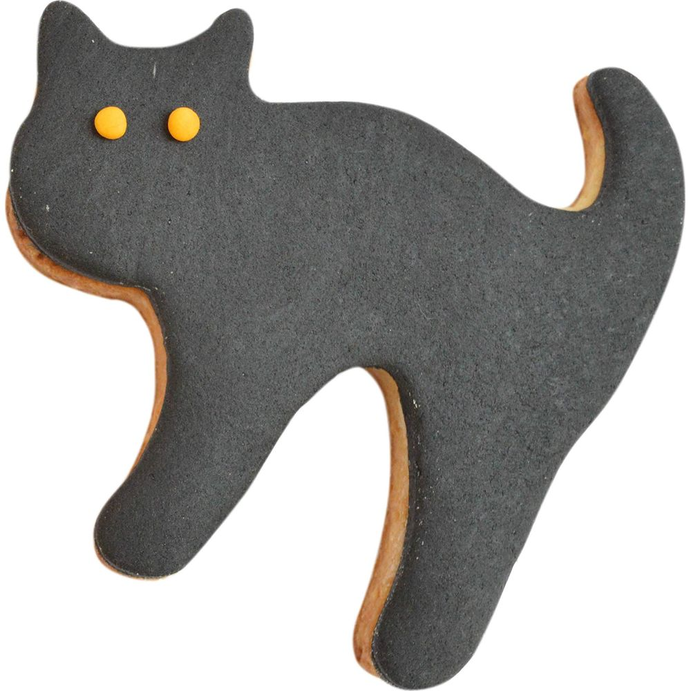 Ein schwarzer Katzenkeks mit zwei orangen Augen auf weißem Hintergrund.