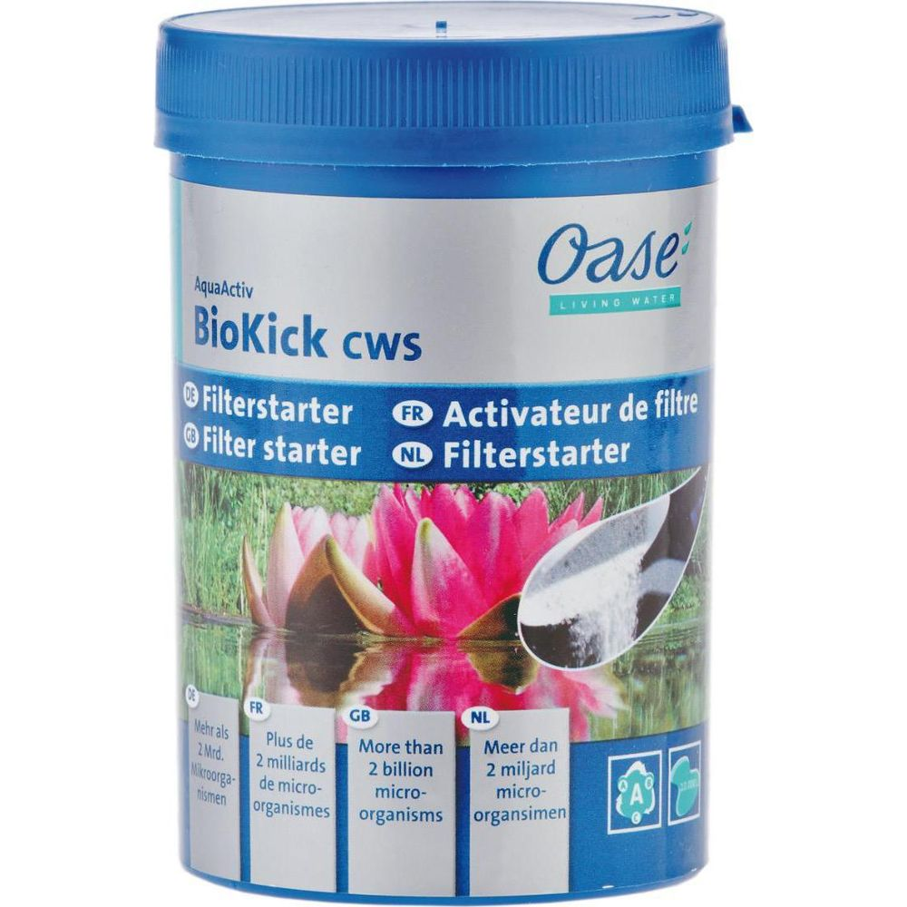 Oase BioKick cws starter filtro in contenitore blu con ninfee.