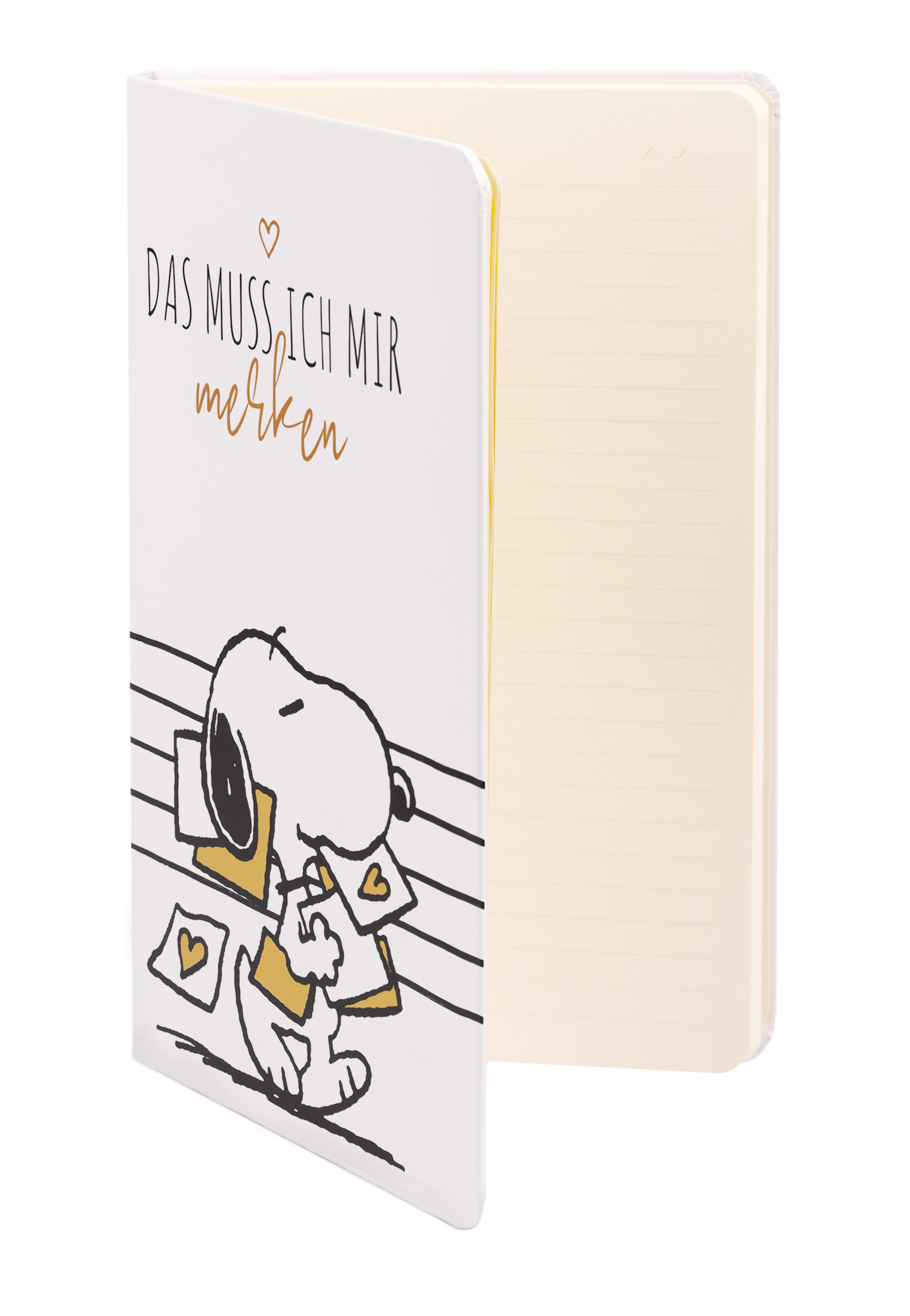 Ein Notizbuch mit Snoopy, der Post hält. Deutsche Schrift.