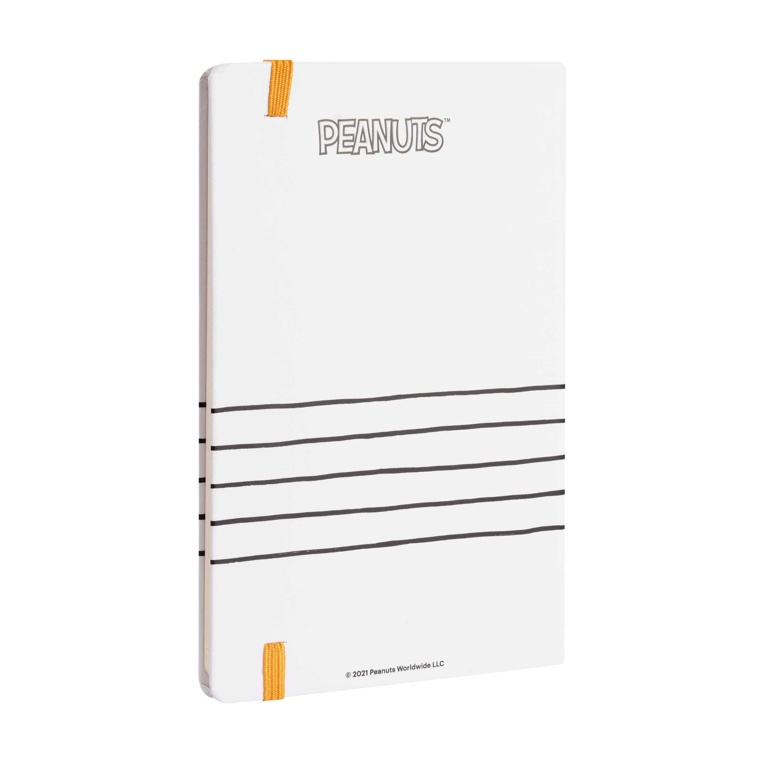 Ein weißes Notizbuch mit dem PEANUTS-Logo und orangen Schlaufen.