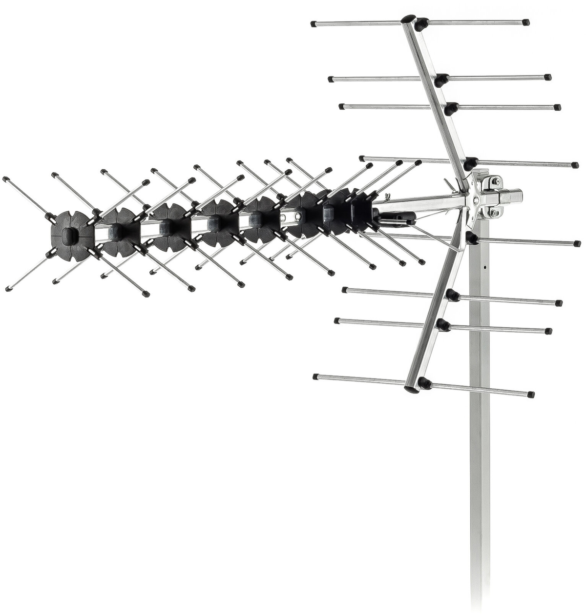 Ein silberner Antennenmast mit mehreren Elementen und schwarzen Halterungen.