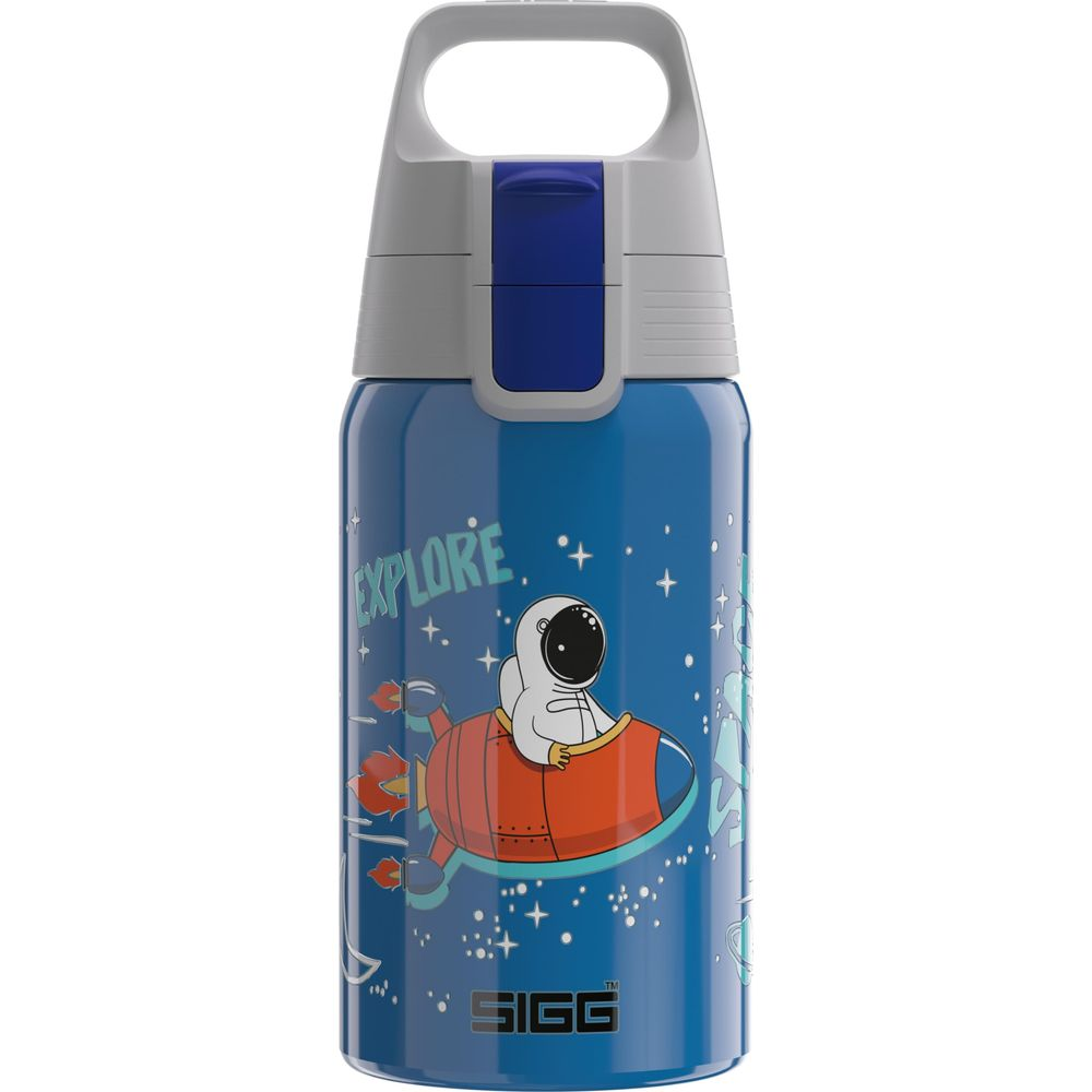 Blaue Trinkflasche mit Astronaut auf Rakete, 'EXPLORE' Schriftzug.