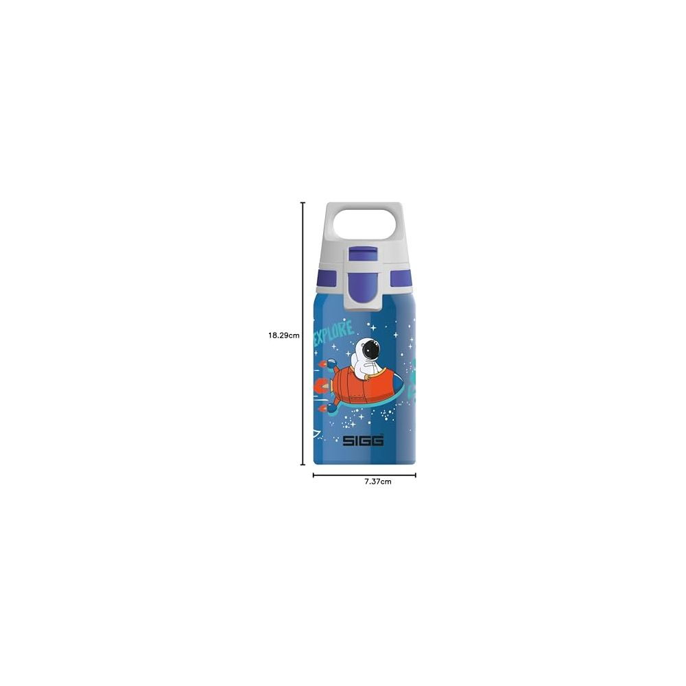 Blaue Trinkflasche mit Astronaut im Raketenmotiv, Maße 18,29x7,37cm.