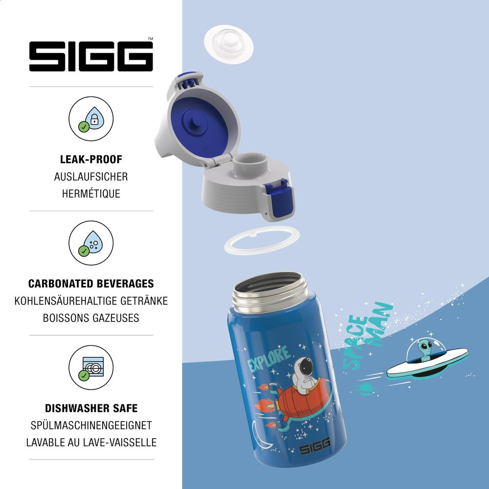 Blaue SIGG-Trinkflasche mit Weltraum-Design, offen gezeigt mit Deckel und Dichtungen.