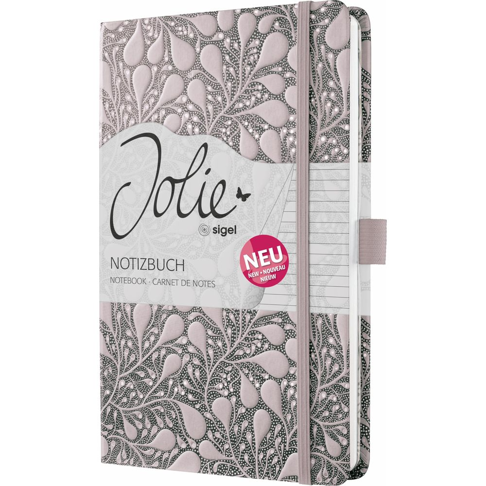 Notizbuch mit zartem Blumenmuster in Rosa und Grau, mit "Jolie" Schriftzug.