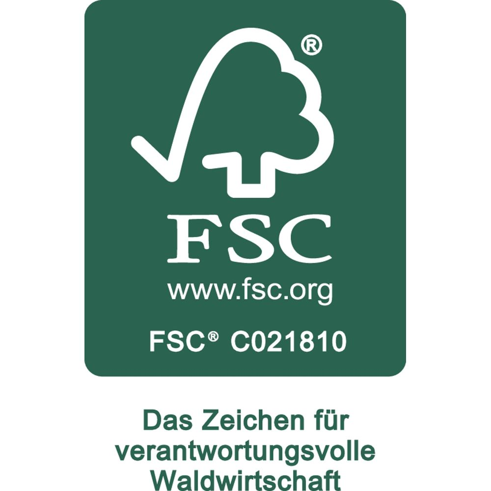 FSC-Logo mit einem Baum und dem Text "FSC", "www.fsc.org", "FSC C021810" und "Das Zeichen für verantwortungsvolle Waldwirtschaft".