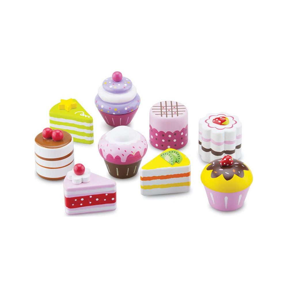 A collection of toy cakes and cupcakes in various colors and designs.