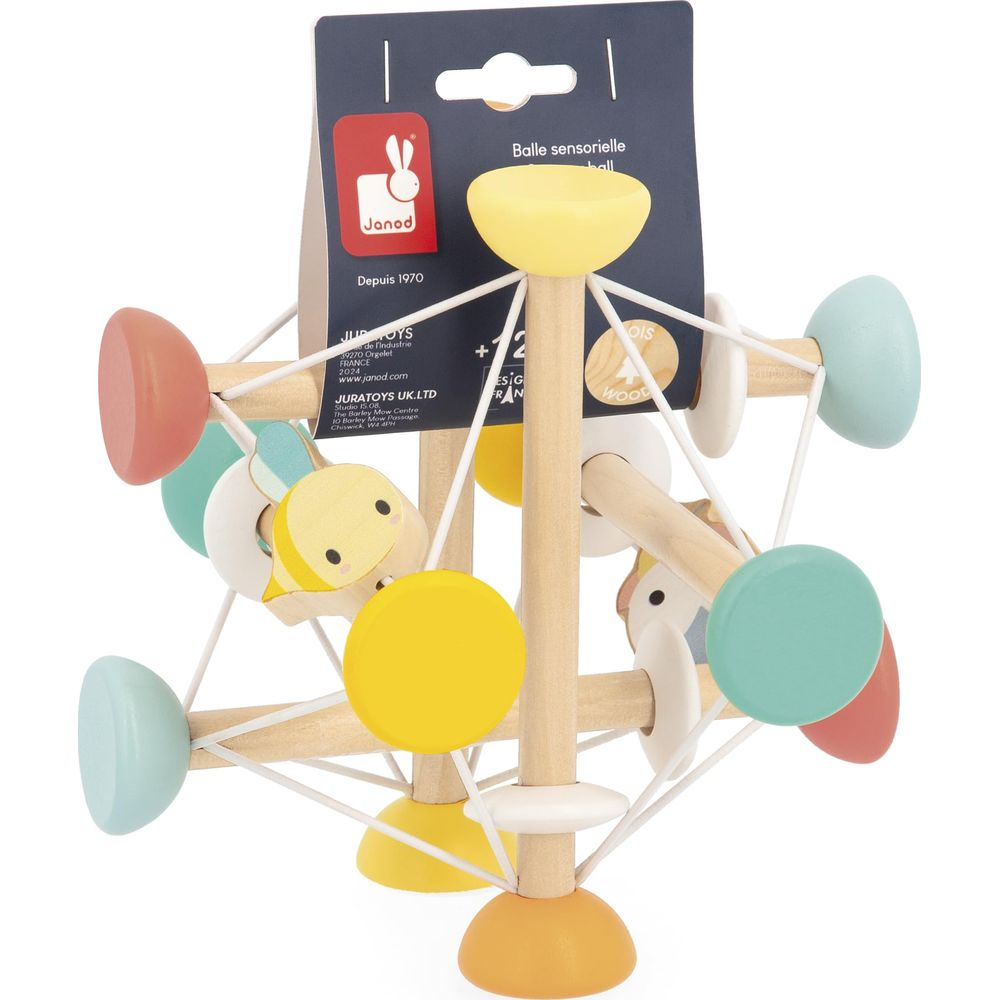 Jouet en bois avec des pièces en bois colorées et des figurines d'animaux.