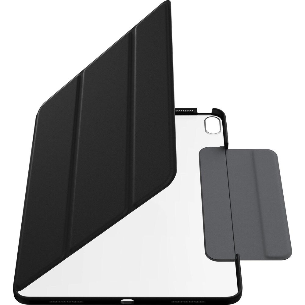 Ein schwarzes Tablet mit einer aufgeschlagenen Hülle, die auf einem weißen Hintergrund steht.
