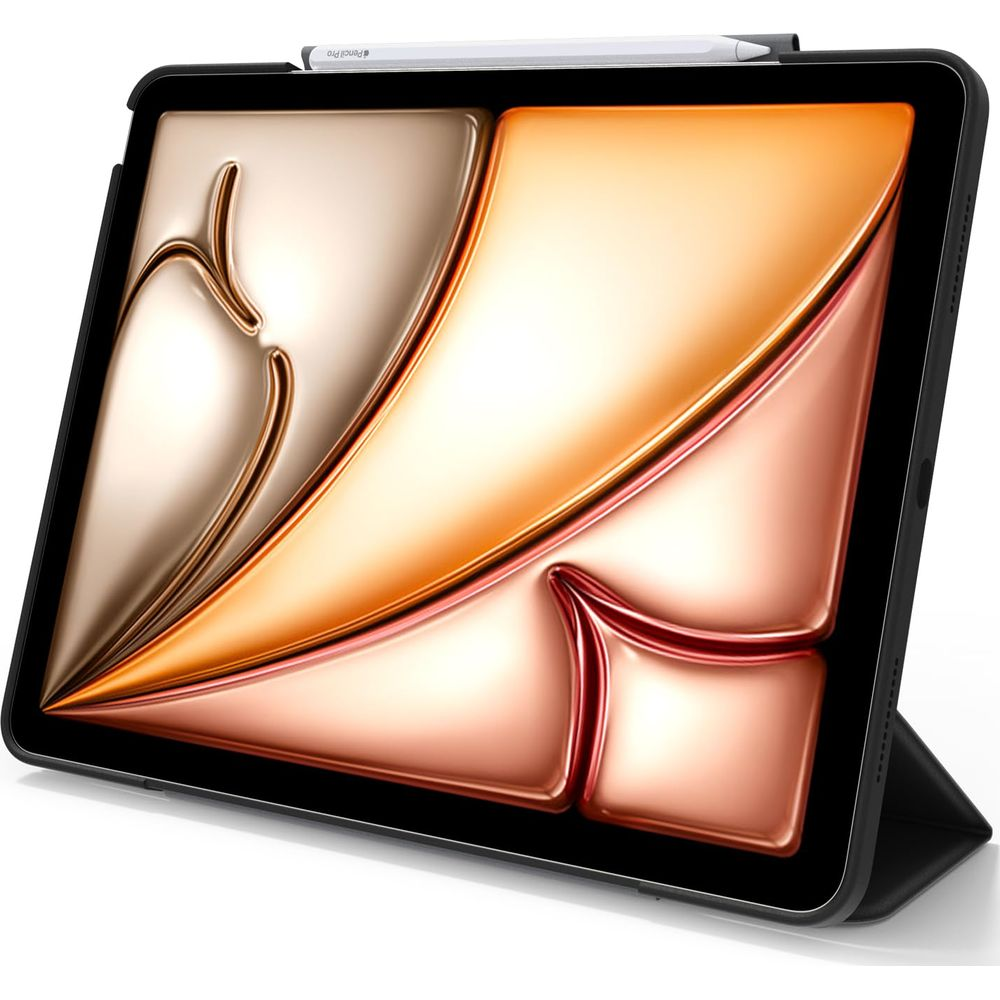 Ein Tablet in einer schwarzen Hülle, mit einem Stift oben.