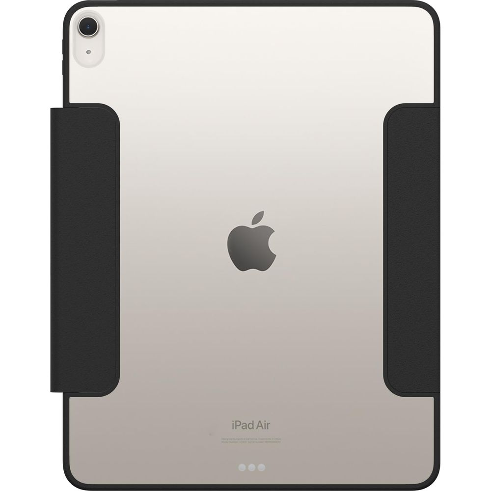 Ein silbernes iPad Air mit schwarzem Schutzcover, das unten offen ist.
