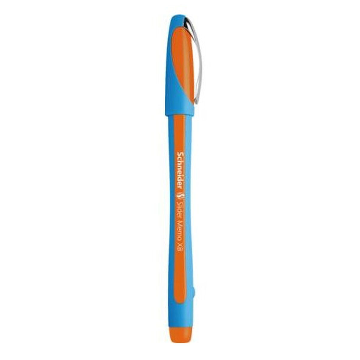 Ein blauer und oranger Stift mit silbernem Clip. Text auf dem Stift.
